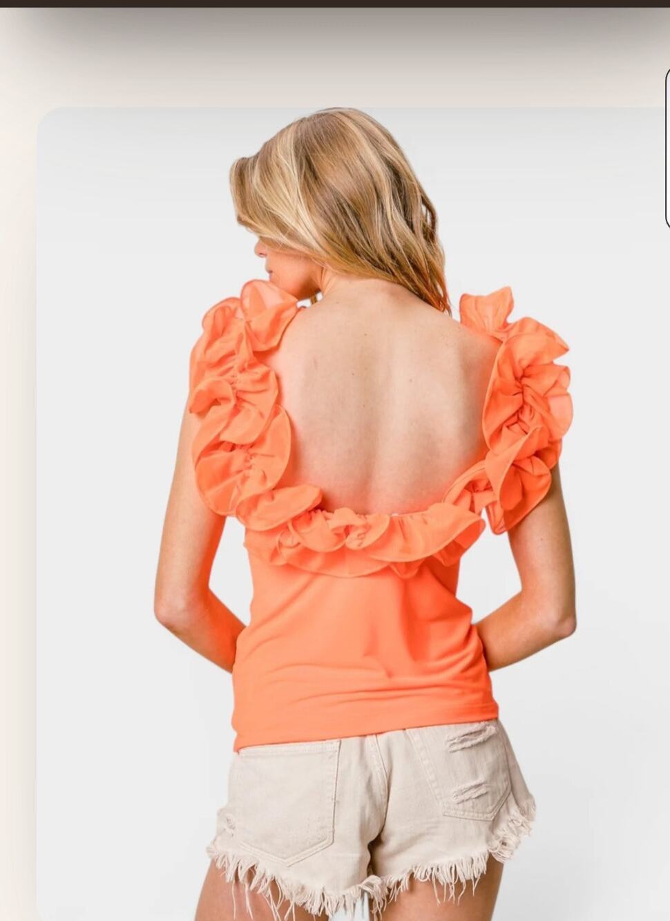 BiBi Neon Orange Merrow Ruffle Deep Low Scoop Open Back Top - XL